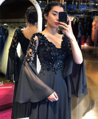 Evening wear Dresses: Flare Long Sleeve V-Neck Lace Appliques Sequins