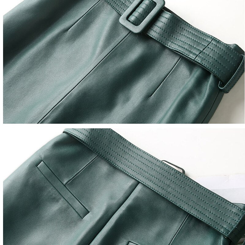 Women Lace-up Genuine Leather Skirt Female Winter Pure Knee Length