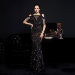 Evening wear Dresses: Elegant Gold Sequin Women Mermaid Evening Dress