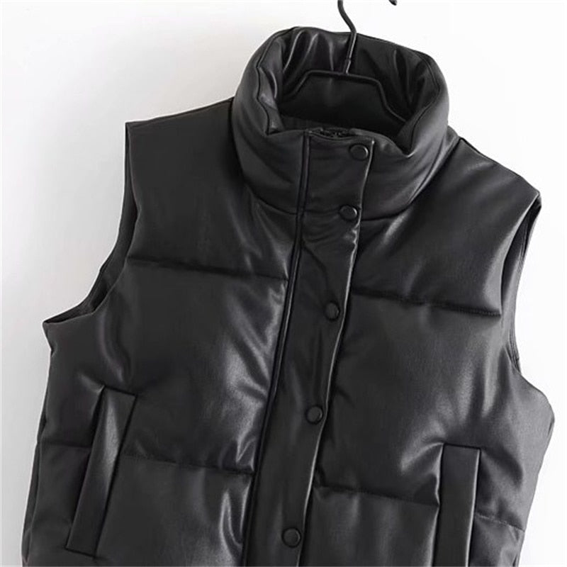 Fashion Leather Cotton Pocket Padded Waistcoat Vintage Sleeveless