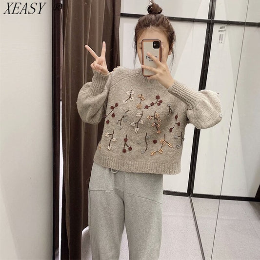 Women Vintage Long Sleeve Pullover Chic Flowers Beaded Fashion