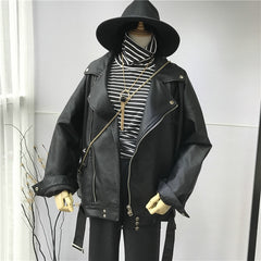 Spring Black PU Leather Loose Turn-down Collar