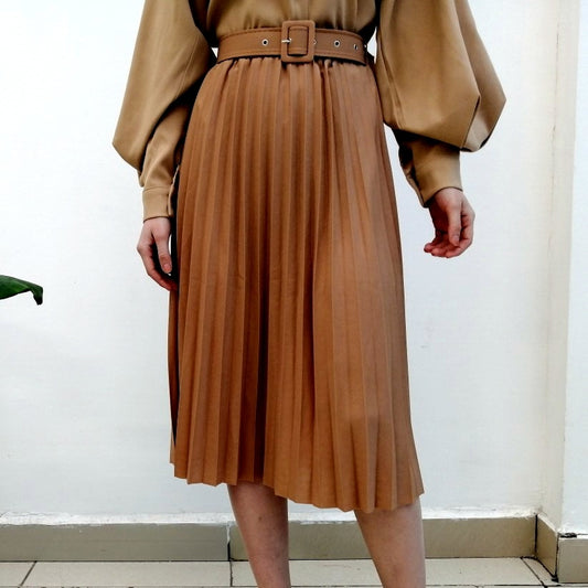 High Waist Women Skirt Casual Vintage Solid Belted Pleated Midi Skirts Lady 19 Color
