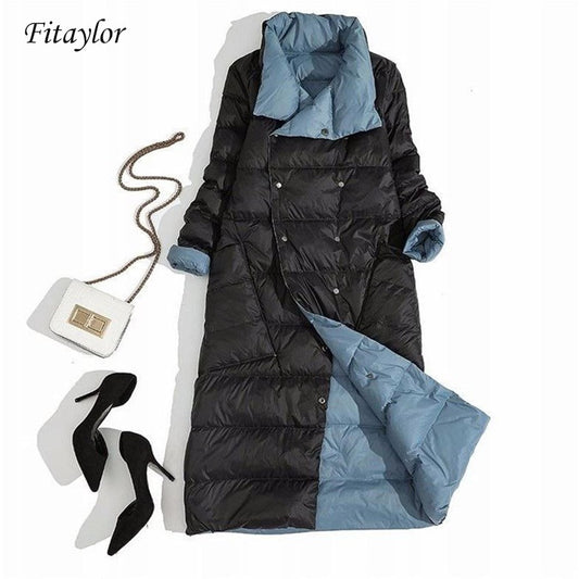 Women Double Sided Down Long Jacket Winter Turtleneck White Down Coat