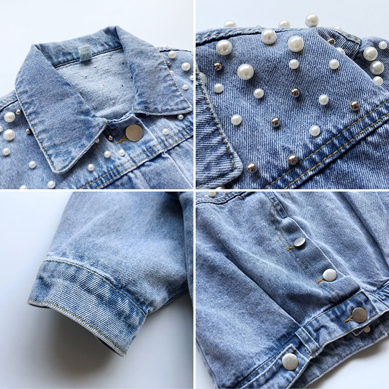 Pearls Beading Denim Jacket For Girls Fashion Coats Children Clothing Autumn