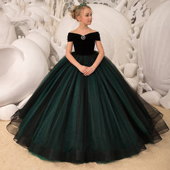 Kids Dresses Girl Elegant Long Prom Green Tulle Gowns Children Graduation