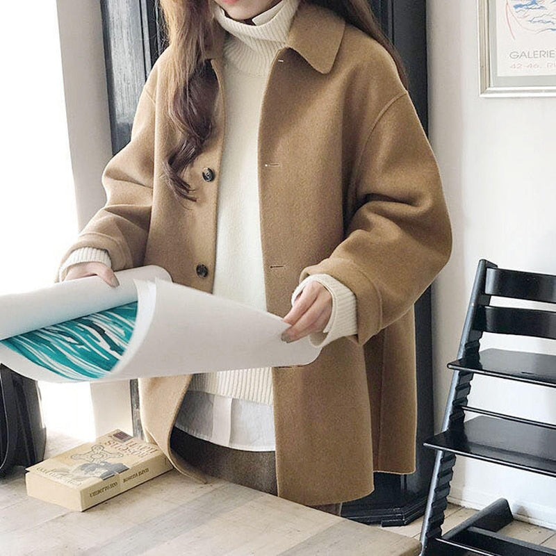 Autumn Women Faux Wool Coat Long Sleeve Single Breasted Fashion