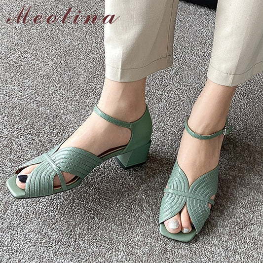 Sandals Shoes Women Genuine Leather Ankle Strap Shoes Med Thick Heel