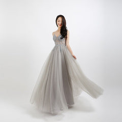 Prom Dresses Long See Through A-Line Split Tulle V Neck Spaghetti