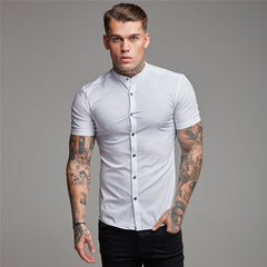 Summer Man Short Sleeve Shirt Solid Fitness Mens Stand