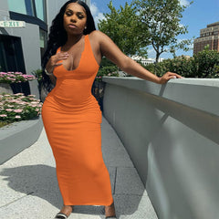 Ribbed Knitted Stripe Women Pure Sleeveless Midi Dress V Neck Bodycon