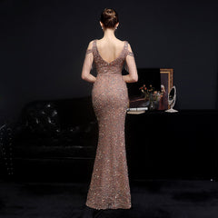 Evening wear Dresses: Elegant Gold Sequin Women Mermaid Evening Dress