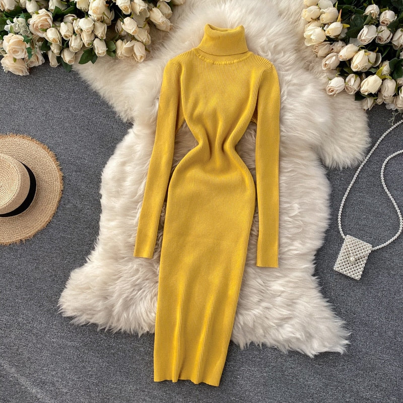 Sweater Dress Winter Turtleneck Warm Long Sleeve Knit Dress Korean