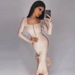 Women Apricot Bandage Dress Mermaid Long Sleeve