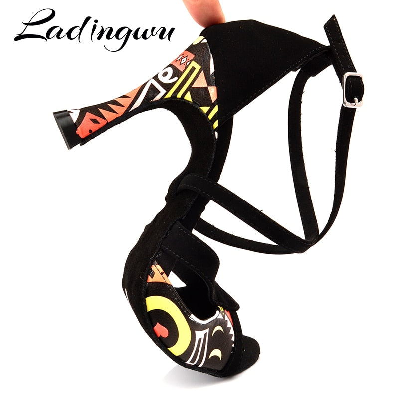 Ladingwu Latin Dance Shoes For Women Black Flannel and Orange African print