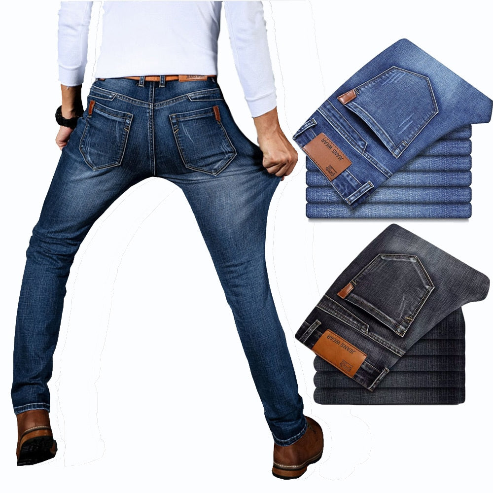 Spring Autumn Men's Smart Elastic Jeans Business Fashion Straight