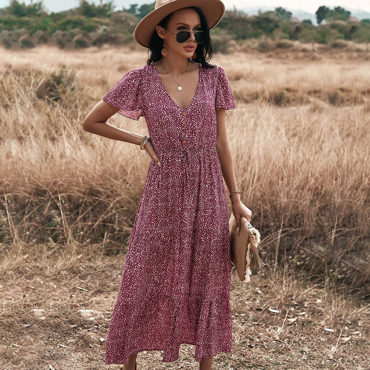Dot Print Ruffles Summer Dress Women Casual V Neck Drawstring Button Dress For Woman