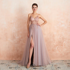 Prom Dresses Long See Through A-Line Split Tulle V Neck Spaghetti