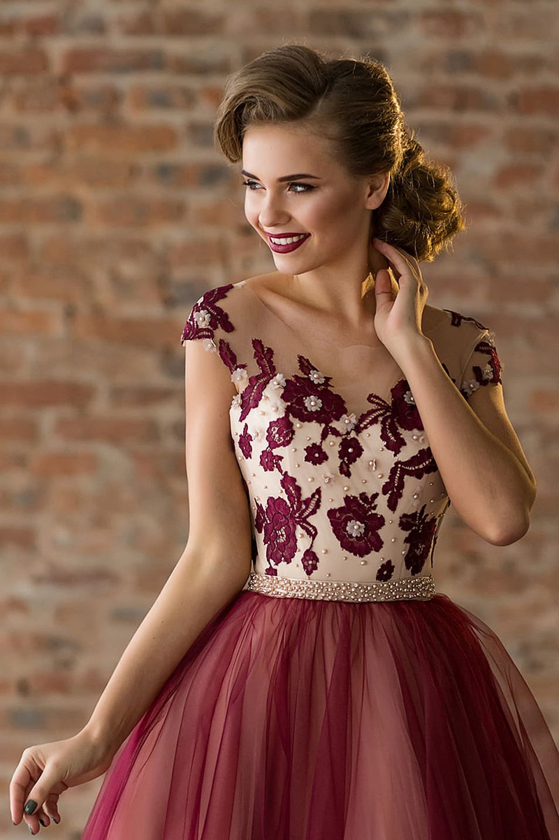Evening wear Dresses: Prom Party Dresses Tea Length Cap Sleeves Illusion