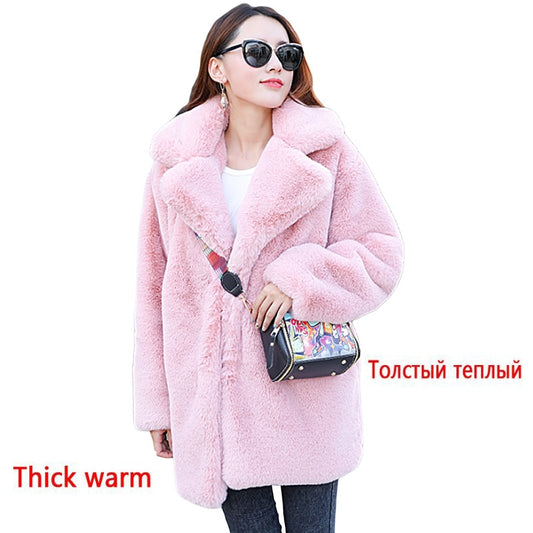 Winter Women High Quality Faux Rabbit Fur Coat Luxury Fur Coat Loose Lapel Over Coat
