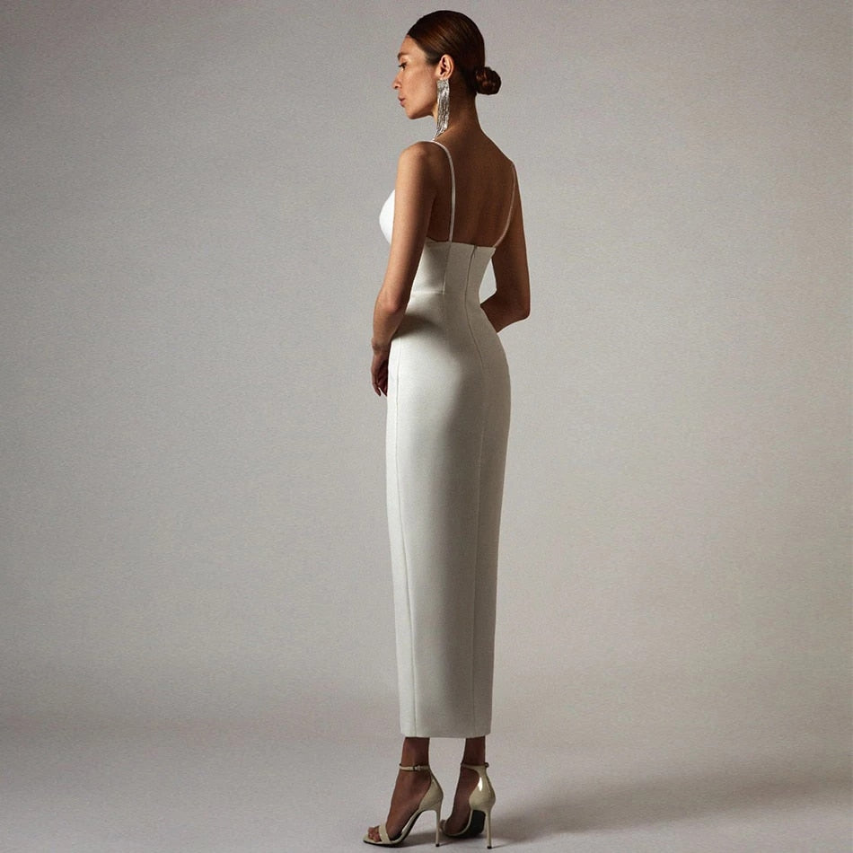 Women White Bodycon Bandage Dress V Neck Spaghetti Strap