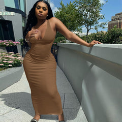 Ribbed Knitted Stripe Women Pure Sleeveless Midi Dress V Neck Bodycon