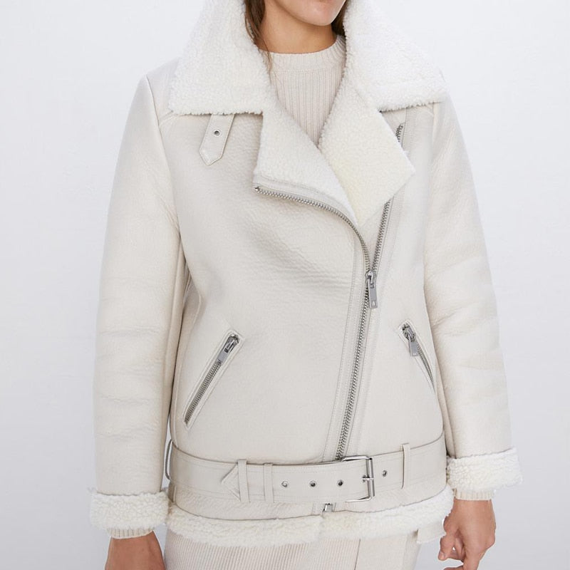 Winter Faux Lamb Leather Jacket Women Faux Leather Lambs Wool