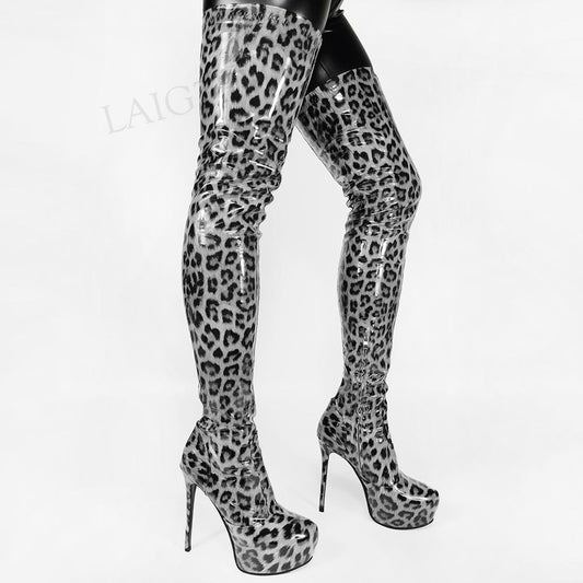 Women Crotch High Platform Boots Shiny Patent Side Zip Stiletto Heels