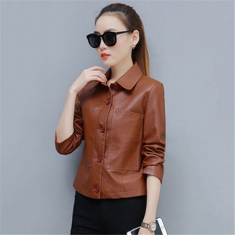 Leather Jacket Women Caramel Short Slim PU Coat