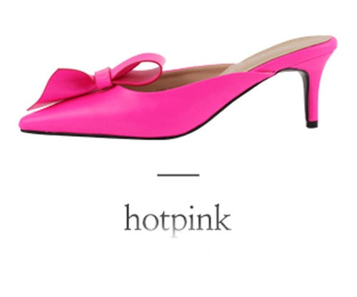 Tip-toed high-heeled bow slippers for women in summer wearing thin-heeled