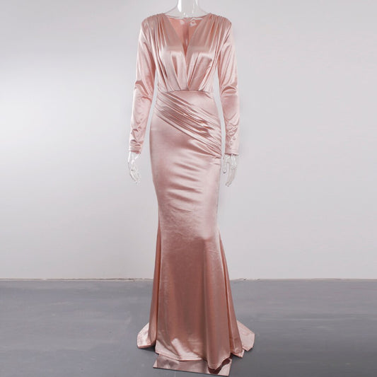Evening wear Dresses: Evening Gown Stretchy Satin Deep V Neck Low Cut