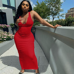 Ribbed Knitted Stripe Women Pure Sleeveless Midi Dress V Neck Bodycon