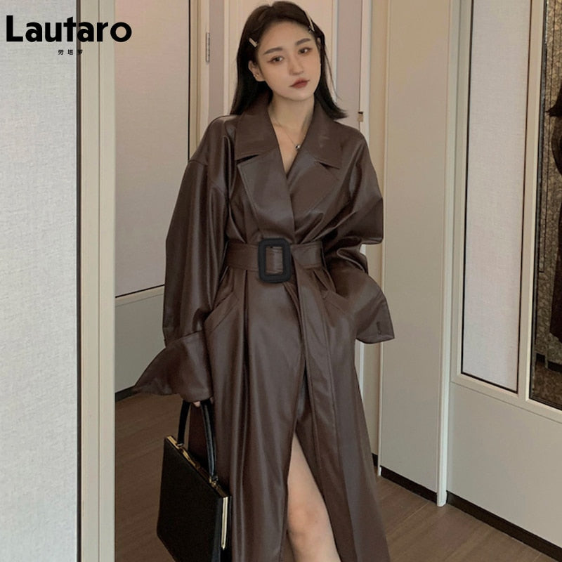 Autumn Long Oversized Brown Faux Leather Trench Coat for Women