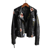 Women Floral Print Embroidery Faux Soft Leather Jacket Coat