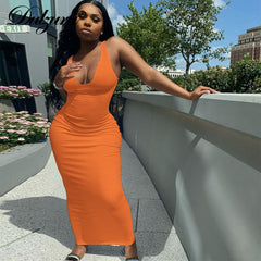 Ribbed Knitted Stripe Women Pure Sleeveless Midi Dress V Neck Bodycon