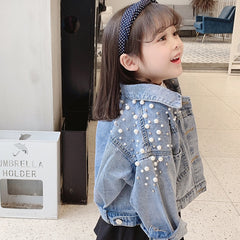 Pearls Beading Denim Jacket For Girls Fashion Coats Children Clothing Autumn