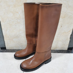 Women Genuine Leather Riding Boots Med Heel Round Toe Shoes