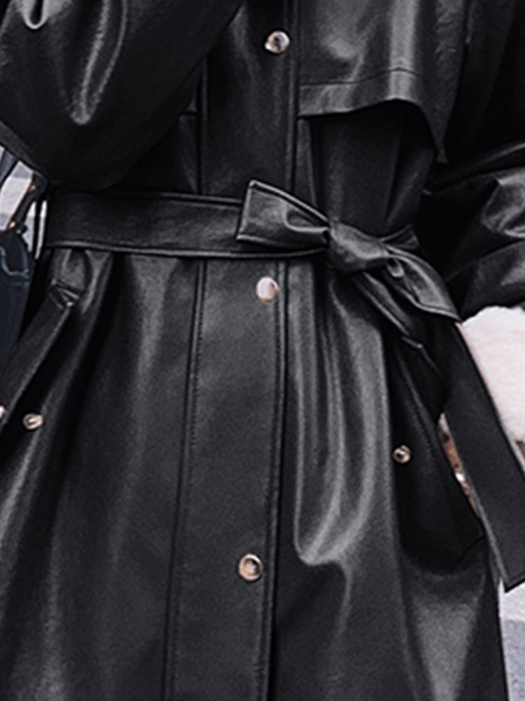 Winter Long Warm Thick Leather Trench Coat for Women with Faux Fur