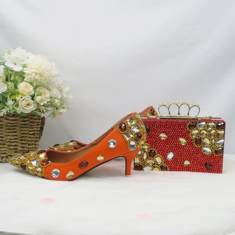 Crystal Women wedding shoes with matching bags Pointed toe High Pumps