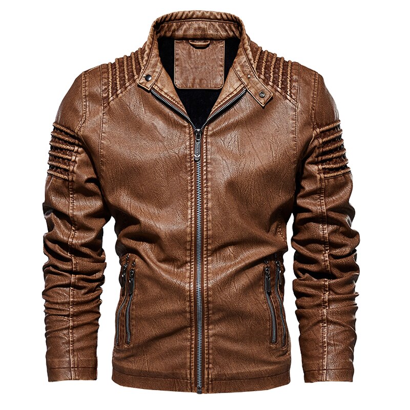 Winter Fleece Leather Jackets Men's Bomber Motorcycle Jacket