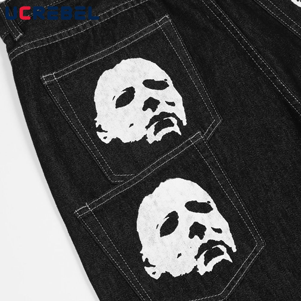 Spoof Portrait Print Denim Pants Mens High Street Funny Loose Straight-leg Pants