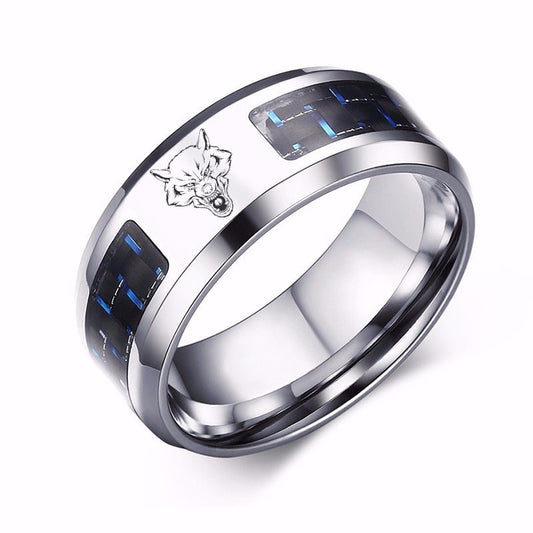 Laser Engraved Wolf Men Ring for Men Stainless Steel Blue Carbon Fibre 8mm
