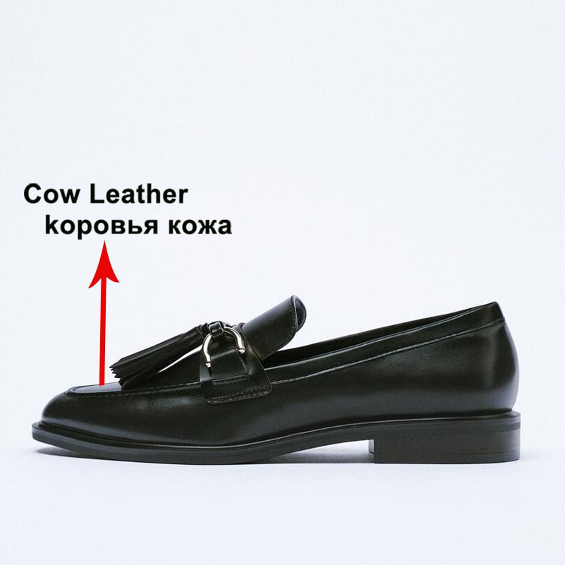 Women Loafers Genuine Leather Flat Shoes Metal Decoration