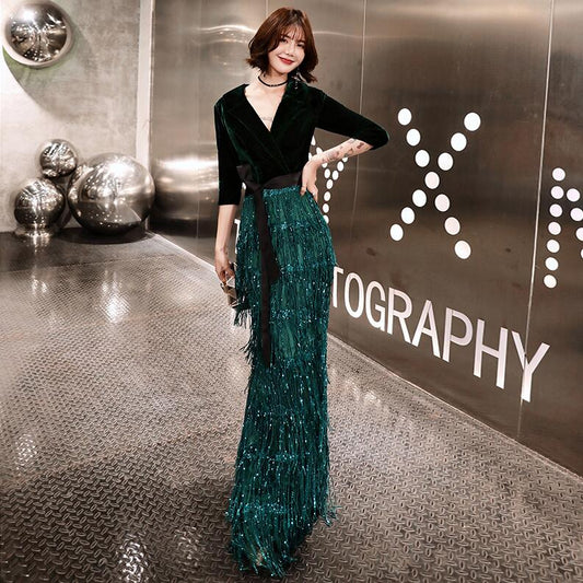 Evening wear Dresses: Velvet Evening Dresses Long Mermaid V-Neck Formal Dress