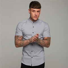 Summer Man Short Sleeve Shirt Solid Fitness Mens Stand