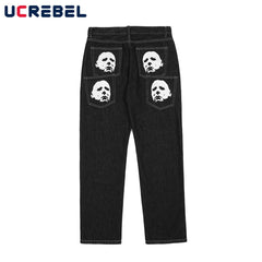 Spoof Portrait Print Denim Pants Mens High Street Funny Loose Straight-leg Pants