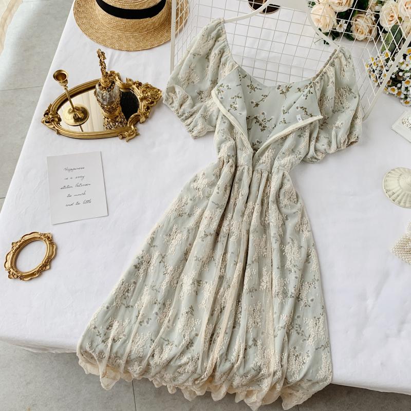 Fairy Dress Women French Style Vintage Retro Chiffon Dress Puff Sleeve Casual