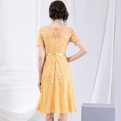 Early autumn round collar slim mesh yarn dress short sleeve high waist
