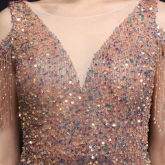 Evening wear Dresses: Elegant Gold Sequin Women Mermaid Evening Dress