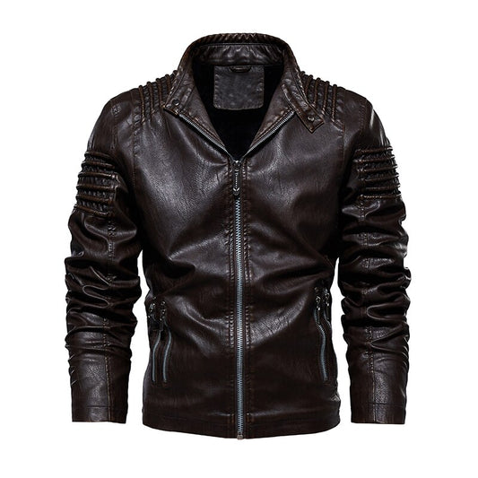 Winter Fleece Leather Jackets Men's Bomber Motorcycle Jacket